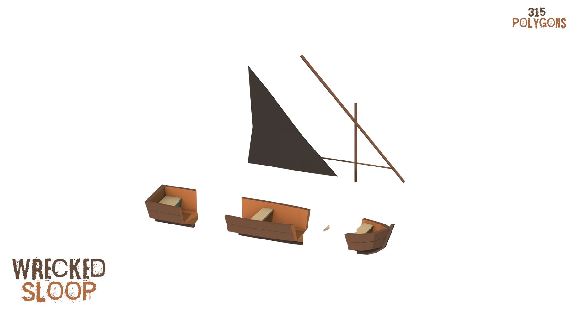 Mockup of wrecked sloop on a white background.