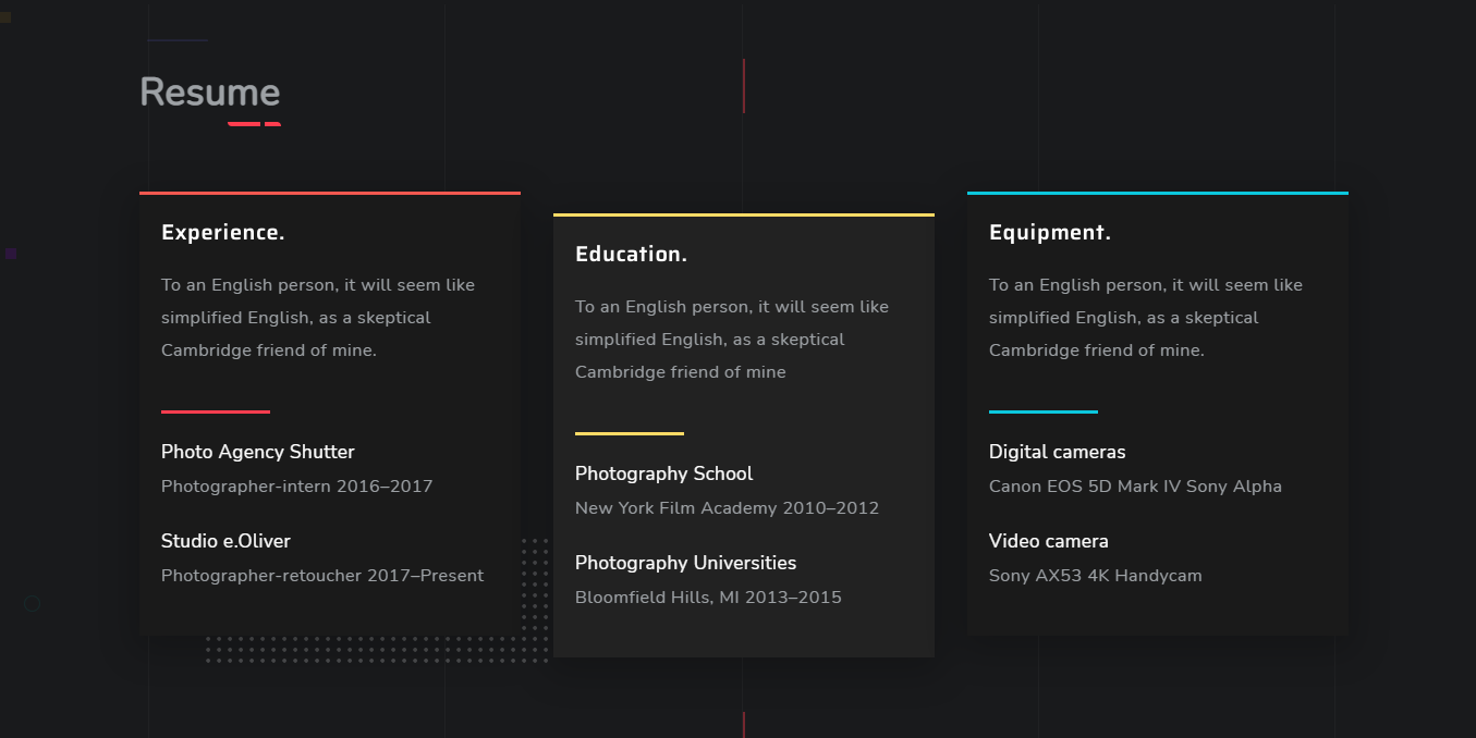 A resume page describing your experience, education, and equipment.