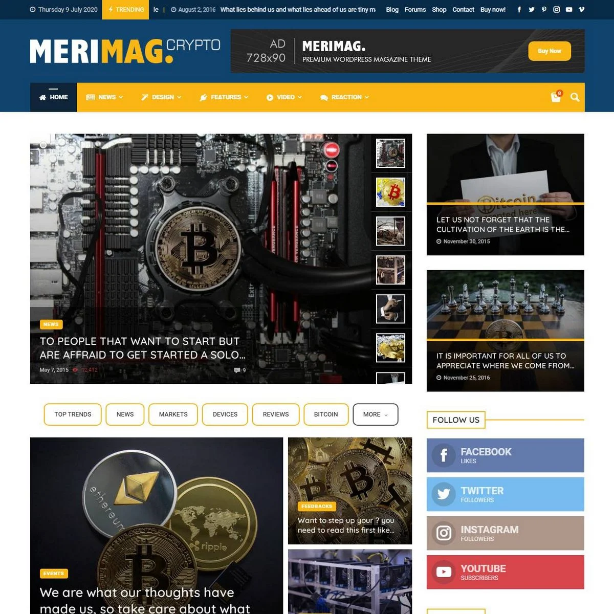 Home page of merimag elementor blog magazine and news wordpress theme in blue and yellow,