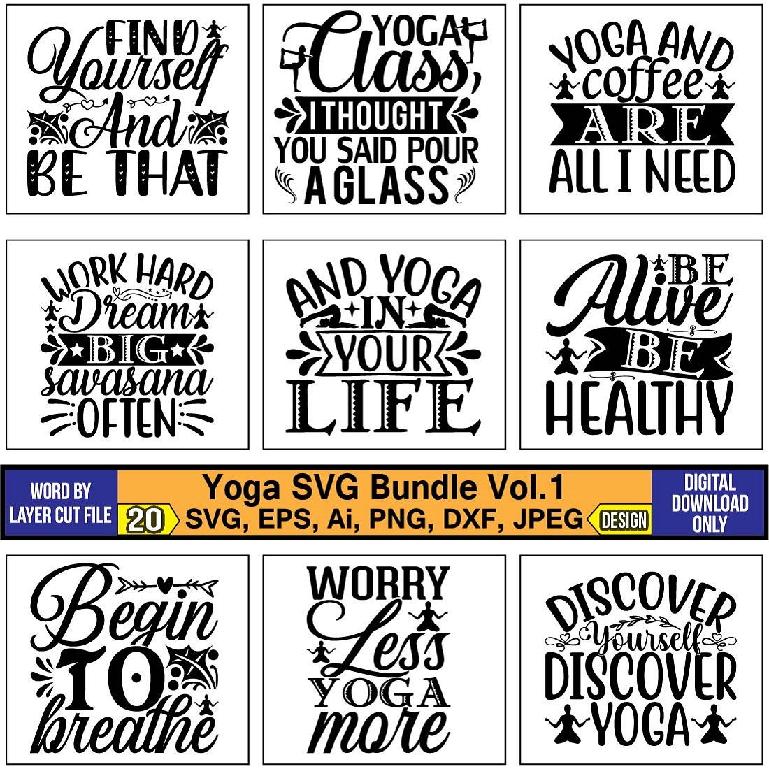A collection of unique images for prints on the theme of yoga.