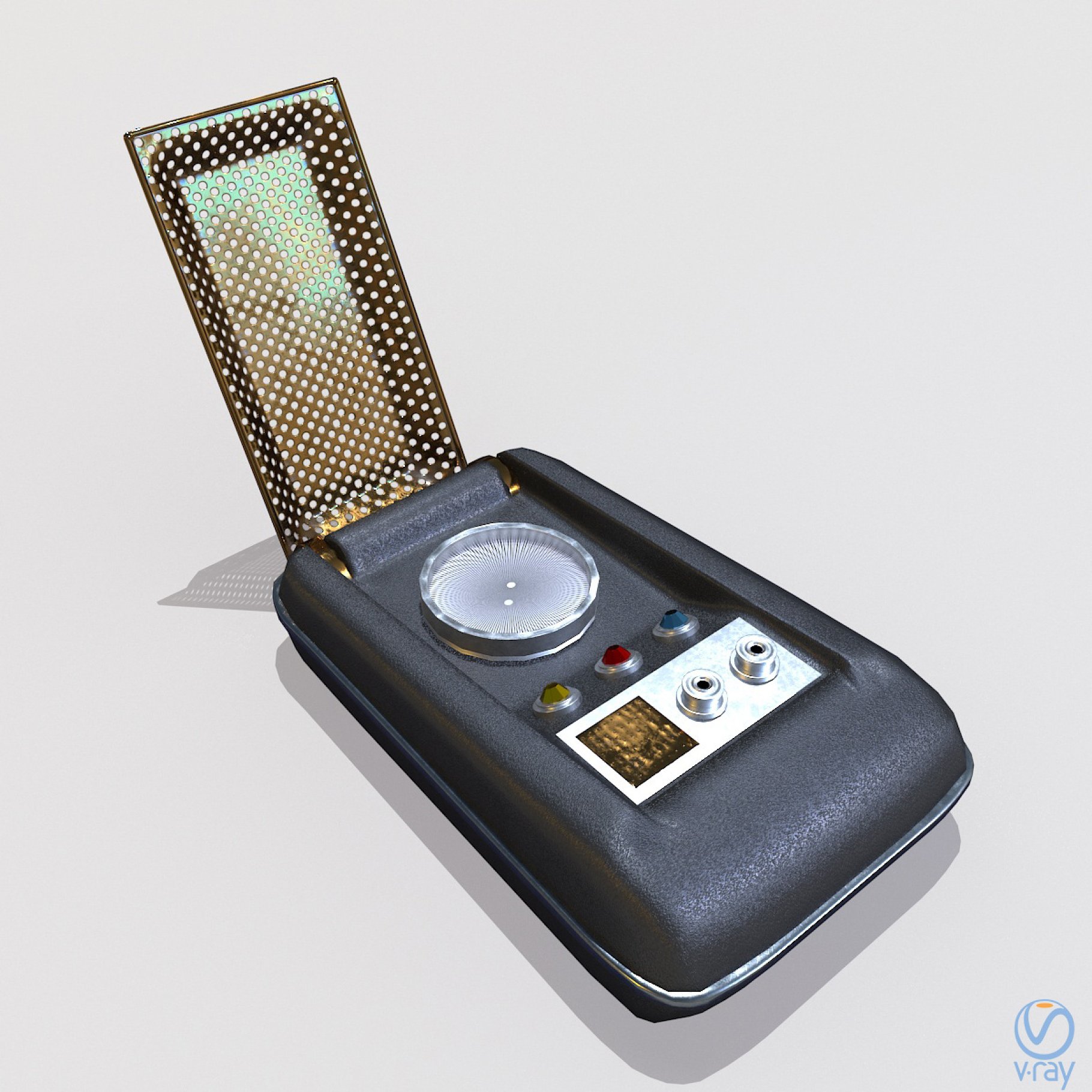 Close-up sci fi communicator mockup on a gray background.