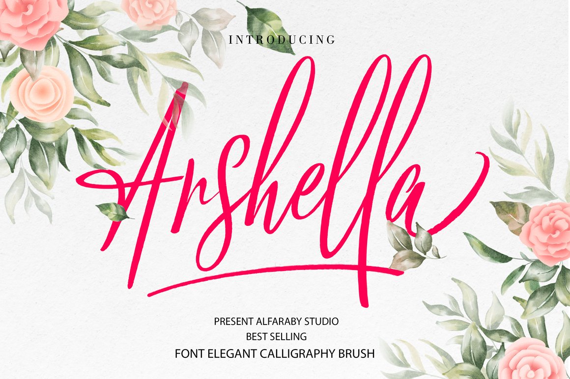 Cover with pink calligraphy lettering "Arshella" on a gray background with flowers.