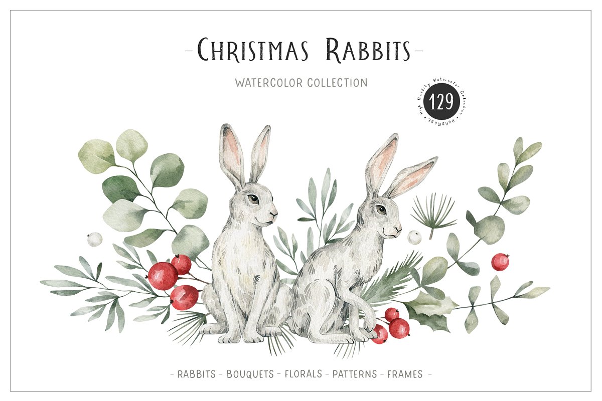 Cover image of Christmas Rabbits Watercolor Animals.