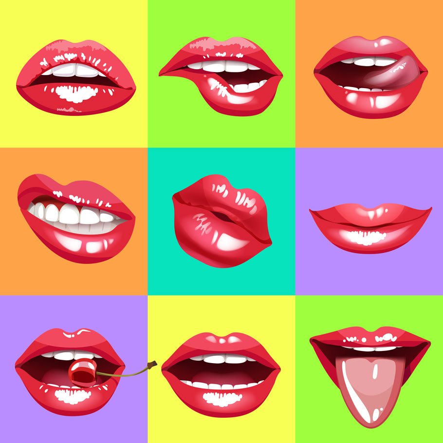 A set of 9 red female lips on a colorful background.