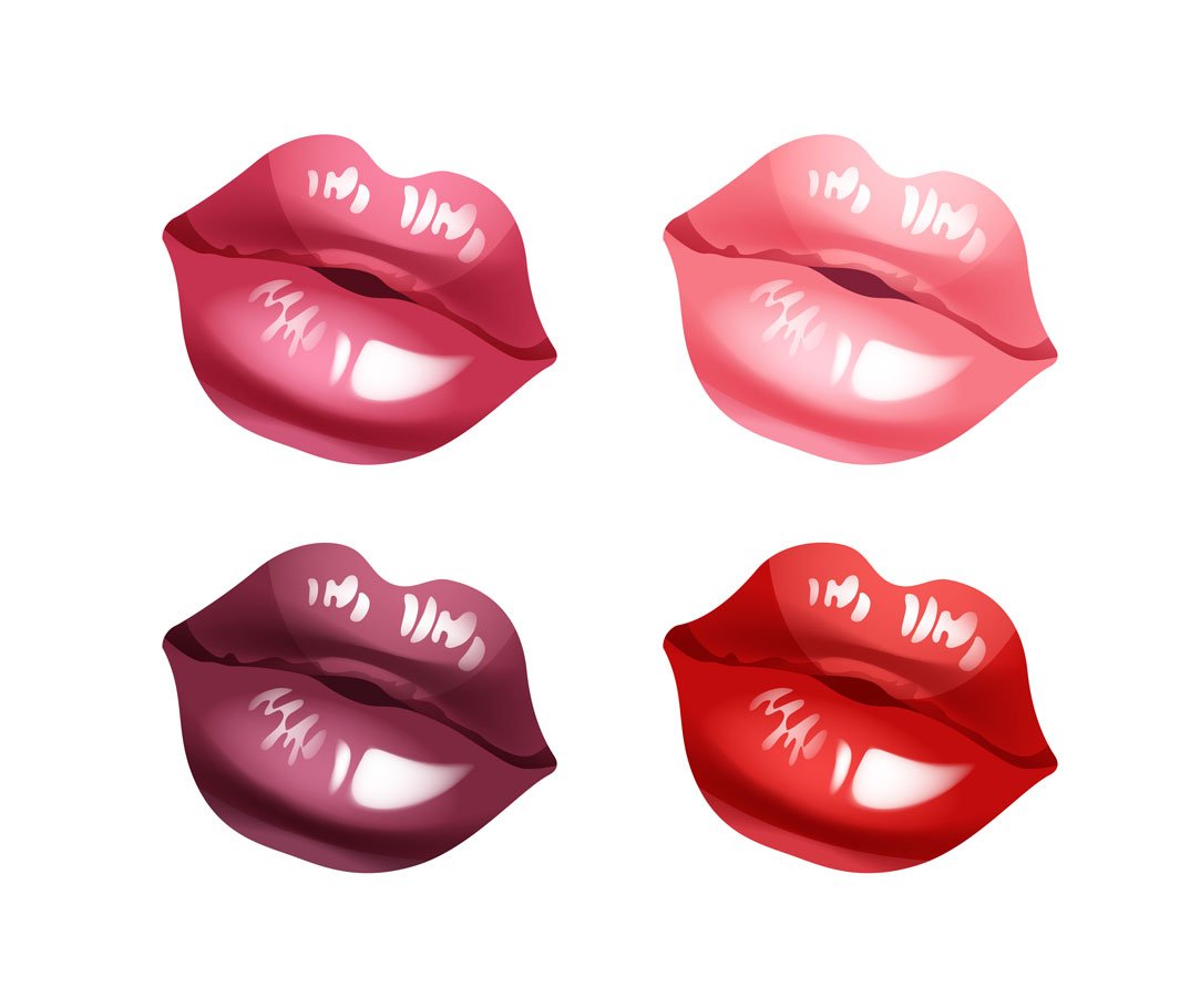 4 illustrations of female lips in different colors on a white background.