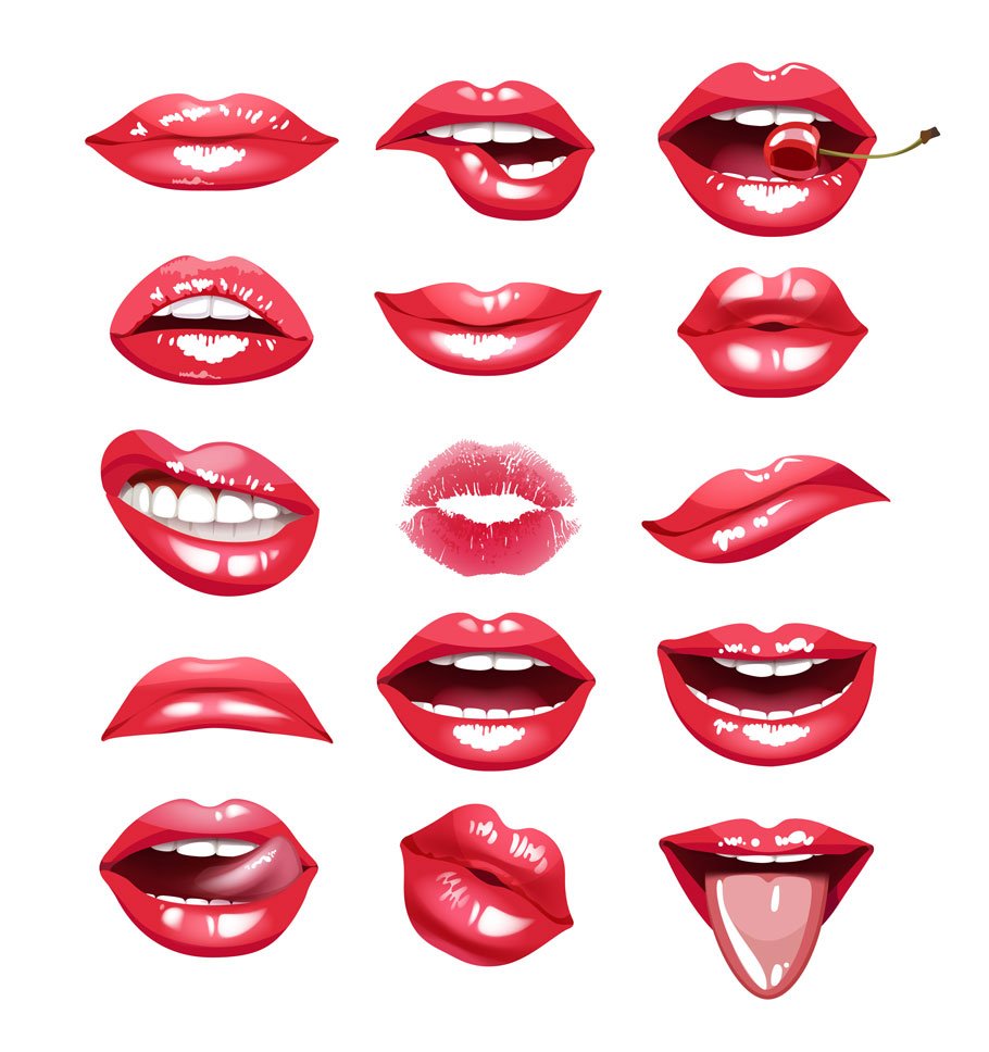 Collection of 15 different pink illustration of lips on a white background.