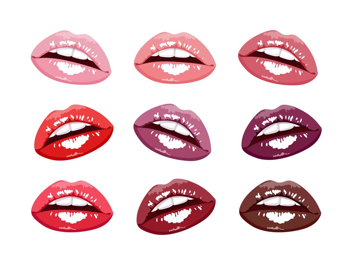 9 female lips illustrations on a white background.