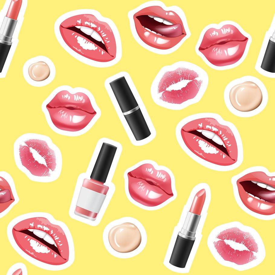 Sticker pack of lips, lipstick, tone cream and nail polish on a yellow background.