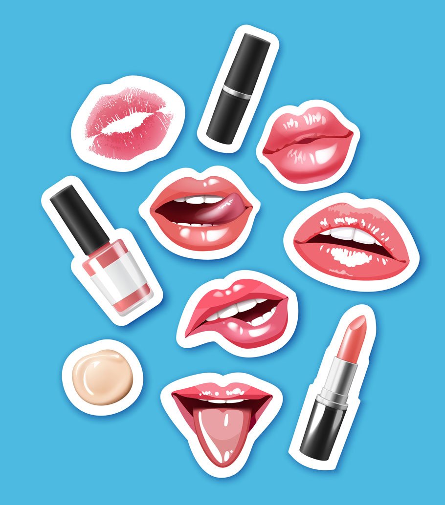 Clipart of different illustrations of lips, lipstick, tone cream and nail polish on a blue background.