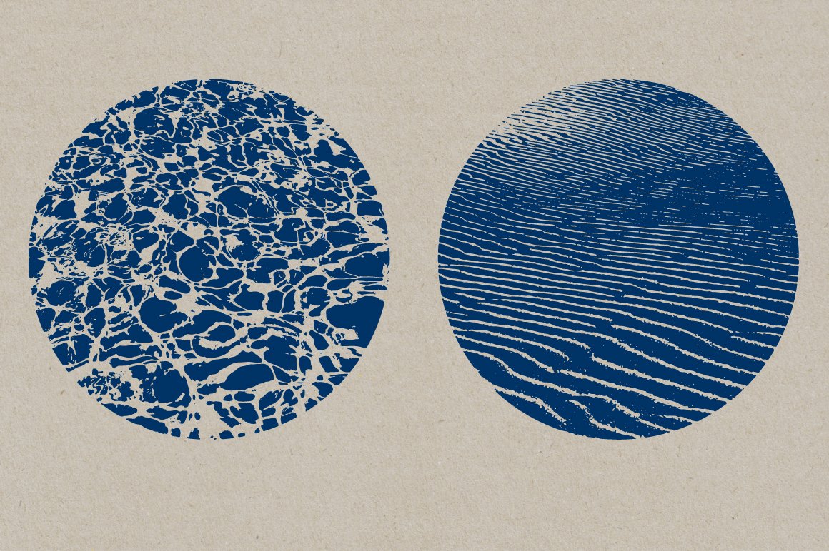 2 vintage round water textures on a gray background.