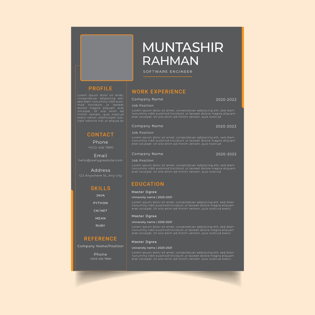 Gray and orange resume template.