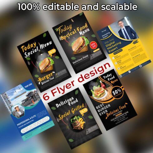 6 Flyer Design Template, Fully Editable Easy to Change Colors and Text.