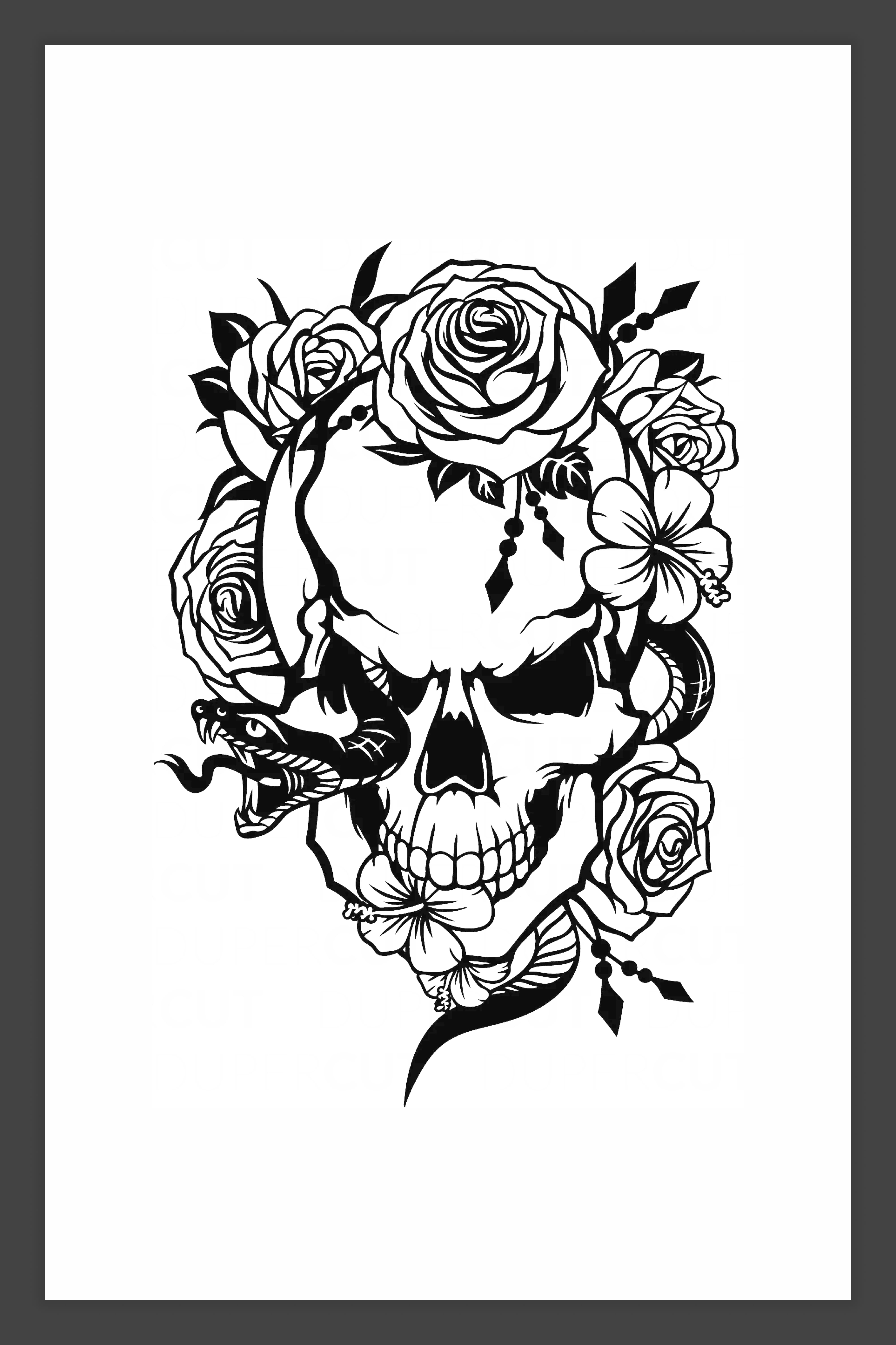 Image of a skull with roses and a snake in the eye socket.
