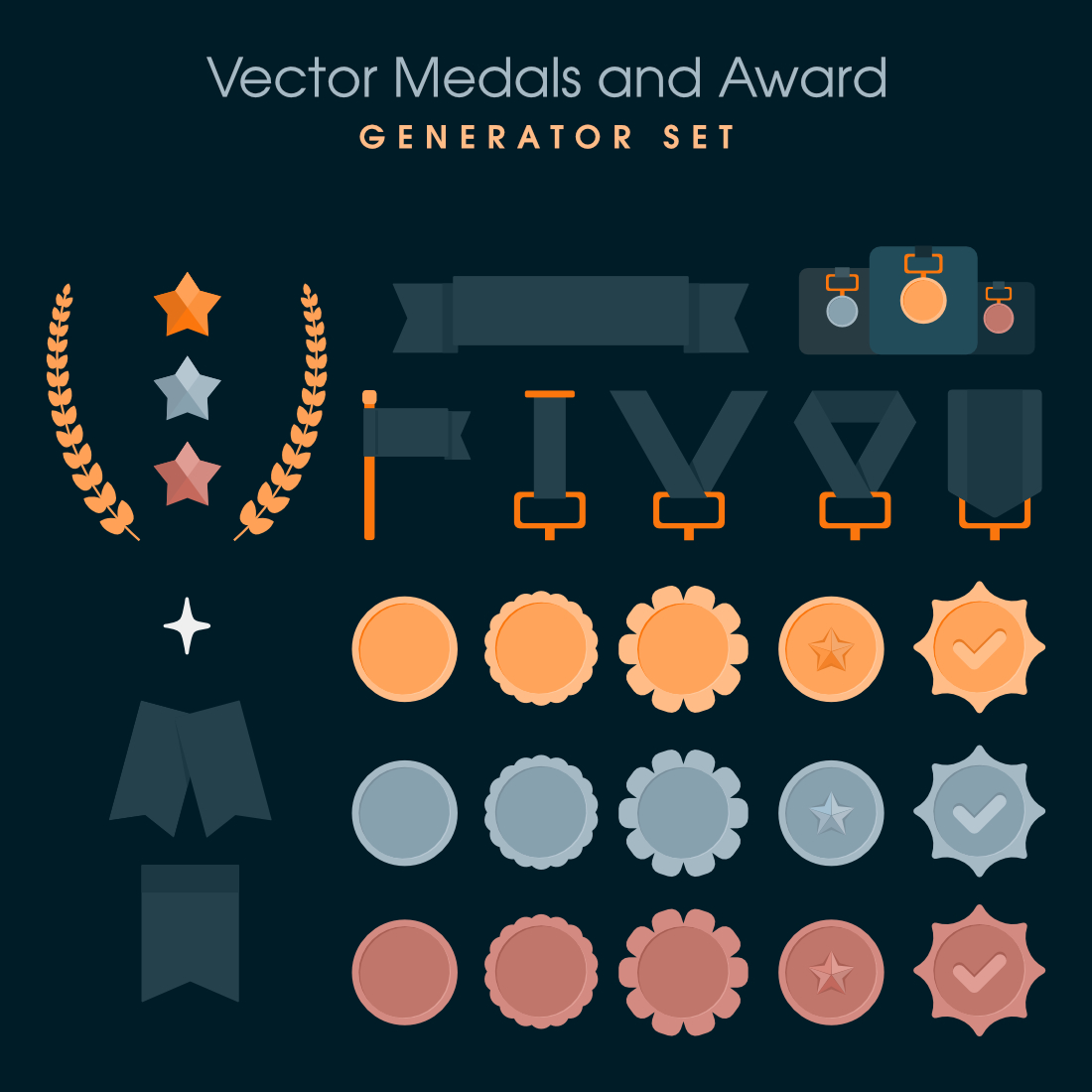 Vector Medals and Award Icon Generator Set.
