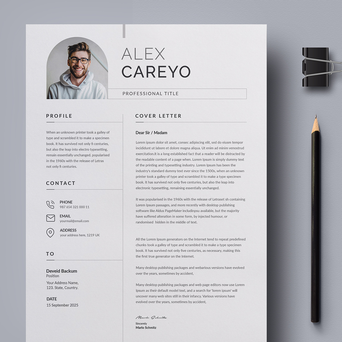 Professional resume template with a pencil and pencil.