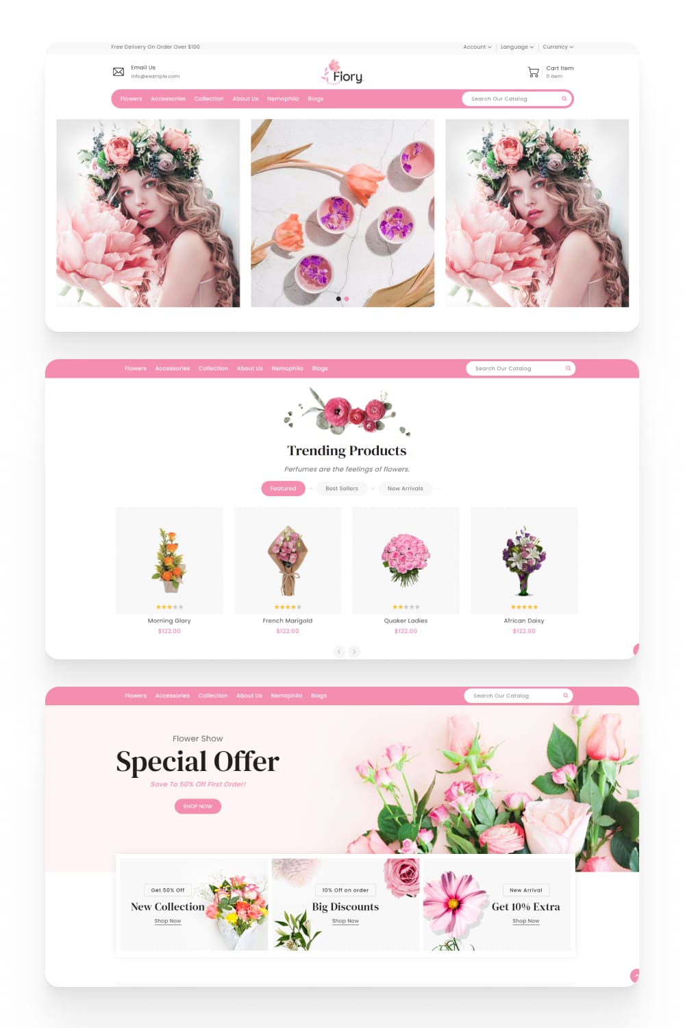 Screenshot of an online store with photos of a girl with bouquets.