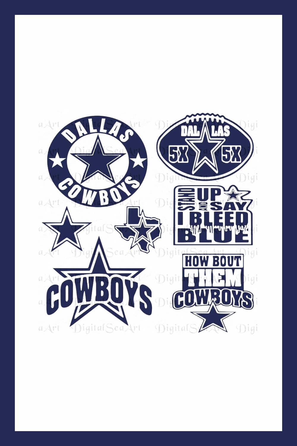 Collage of logos in blue for Dallas Cowboys.