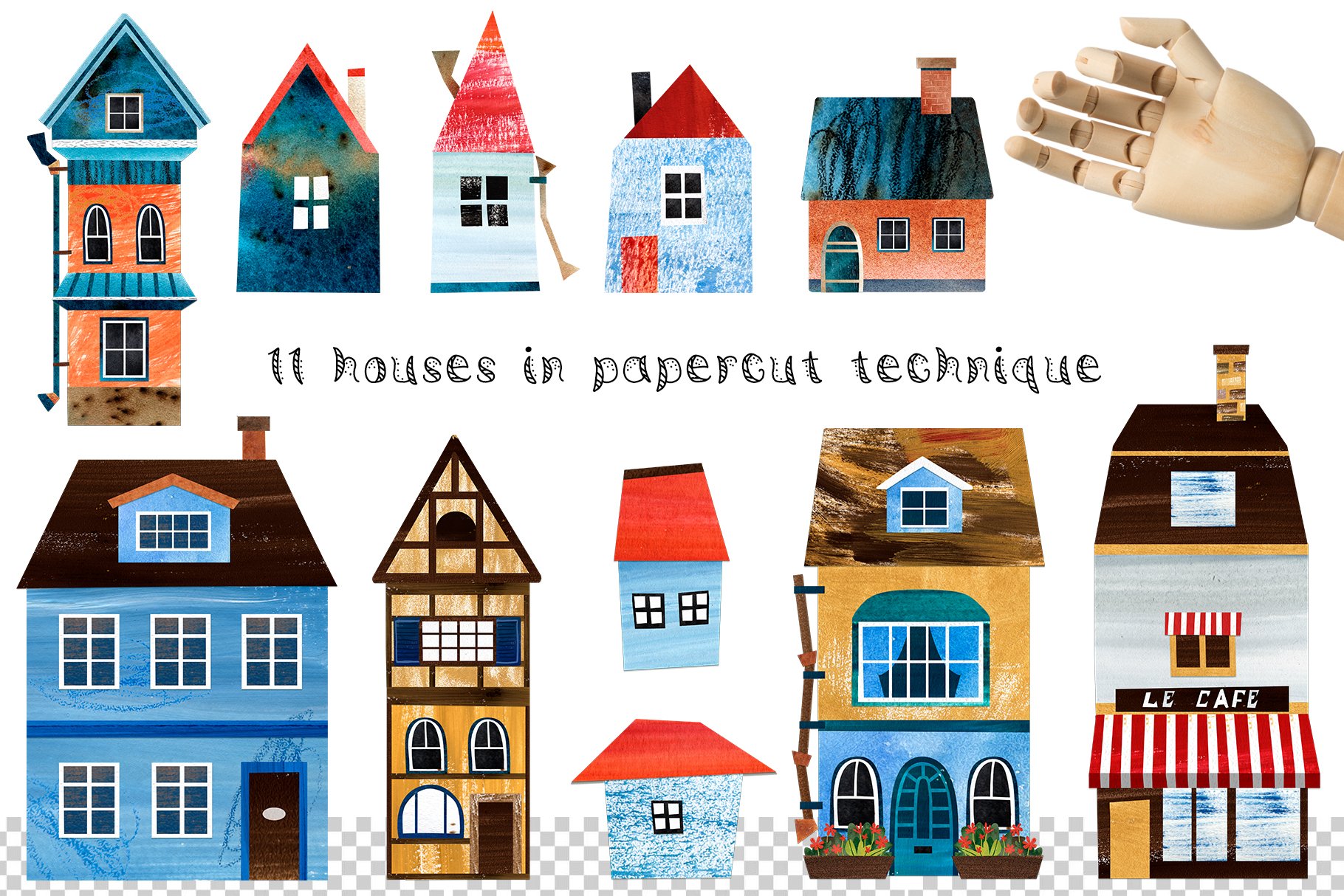 There are 11 houses in paper cut technique.