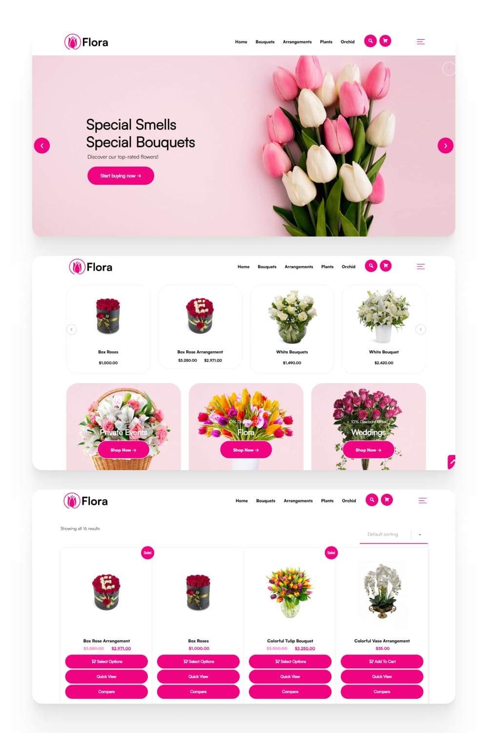 Screenshot of an online store with photos of tulips and tulip bouquets.