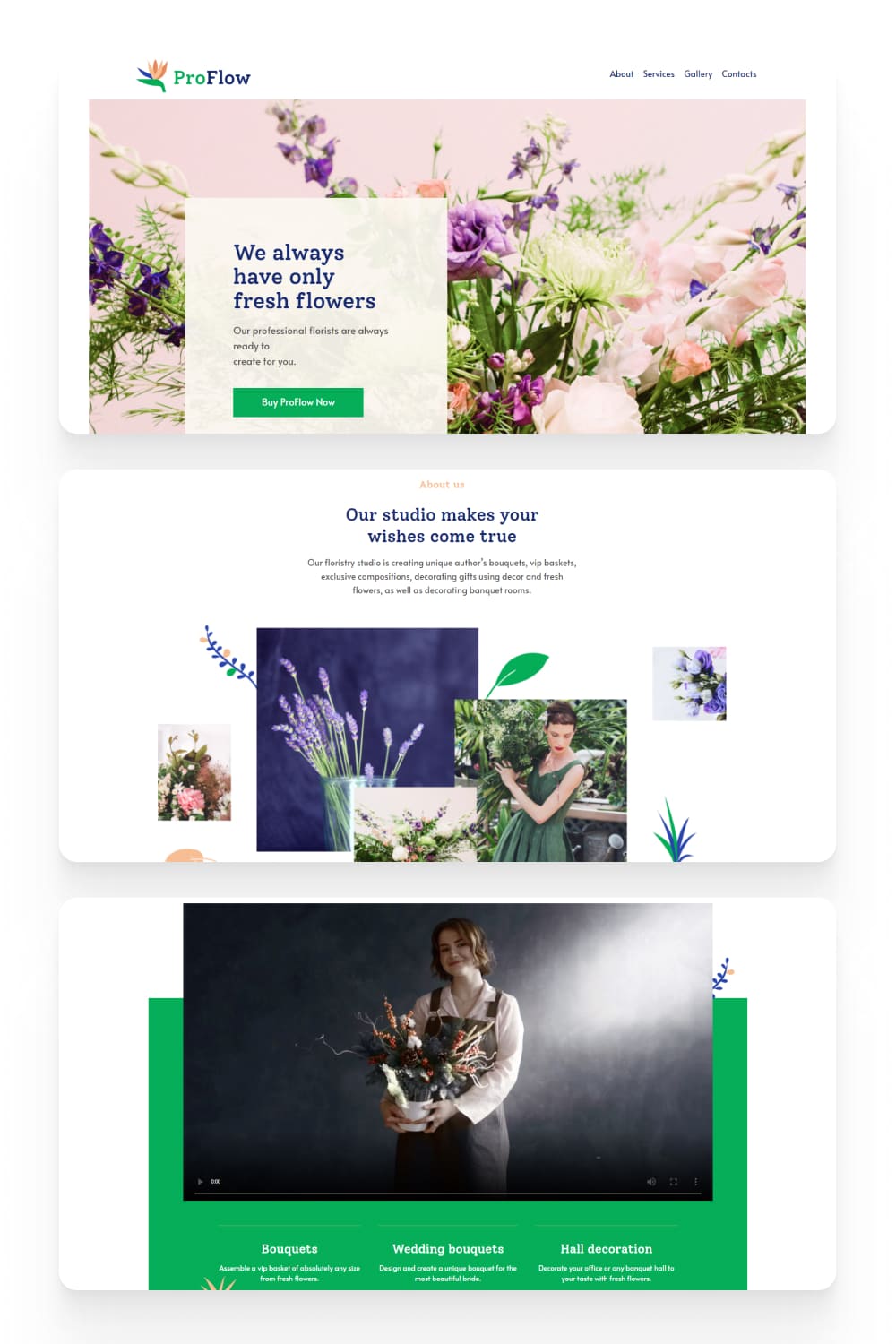 Screenshot of an online store with photos of wild flowers and girls with bouquets.
