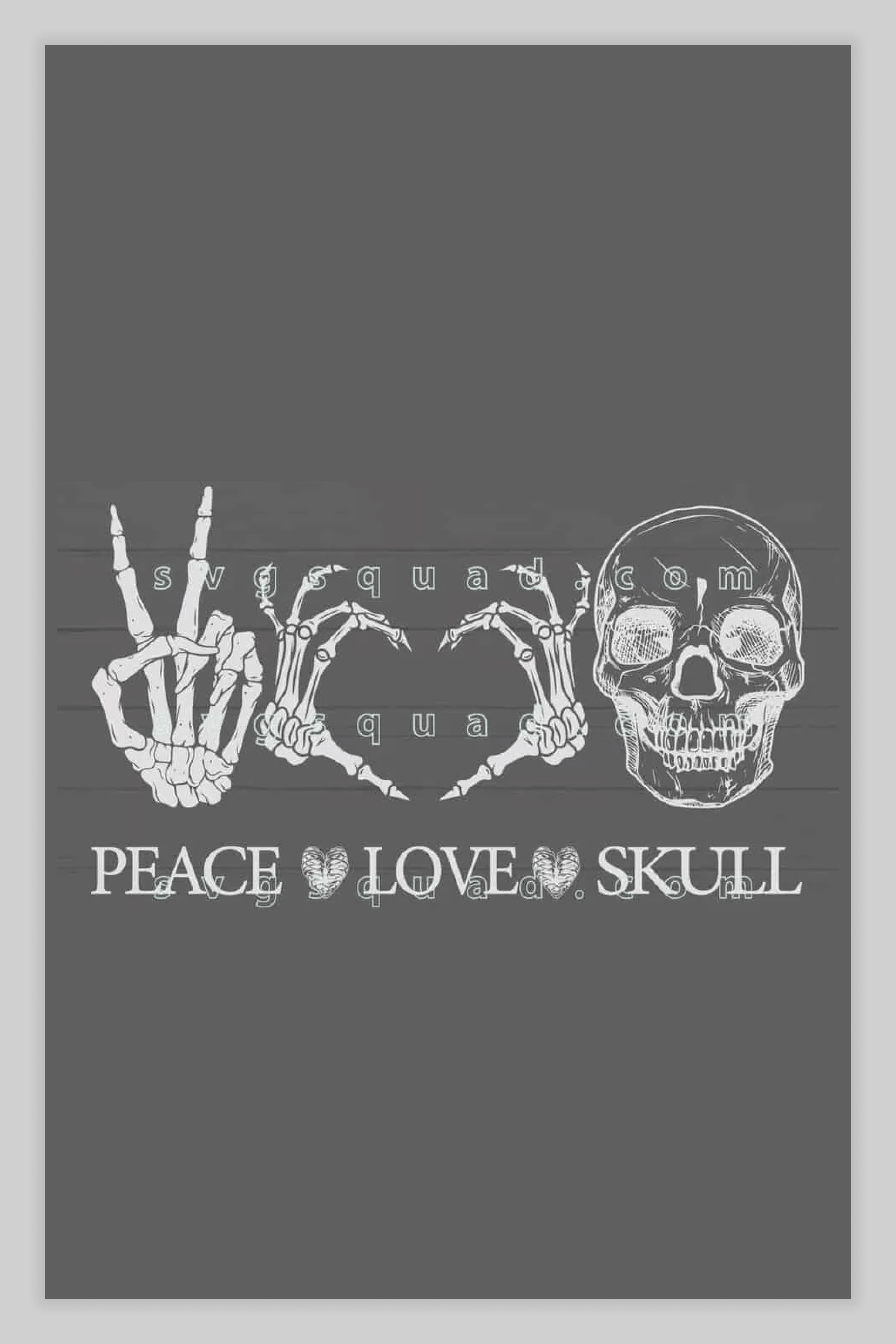 Image of symbols of peace and love in the form of fingers of a skeleton and a skull.