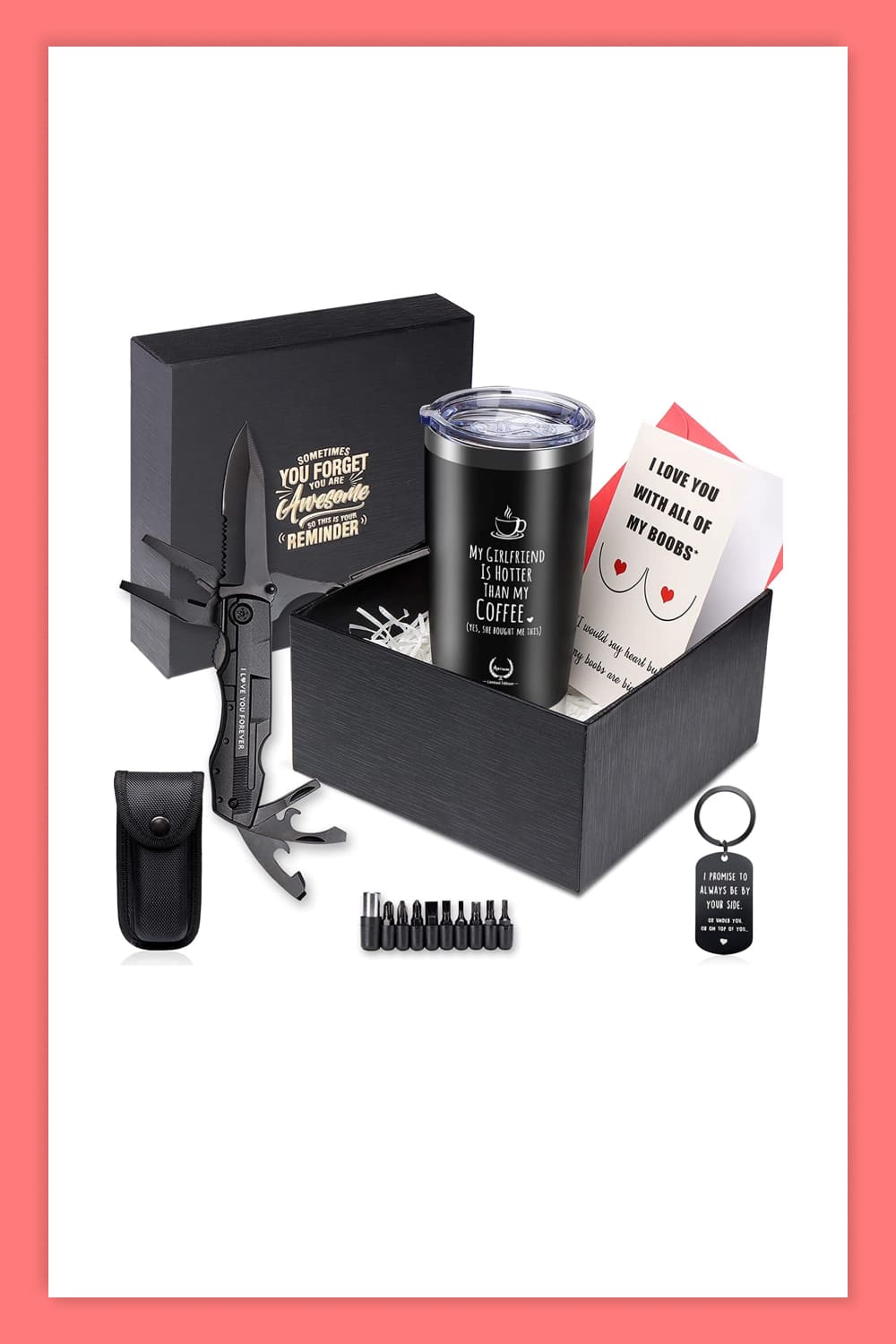 Box with multifunction pocket knife, a mug with an interesting print, a keychain and a funny card.