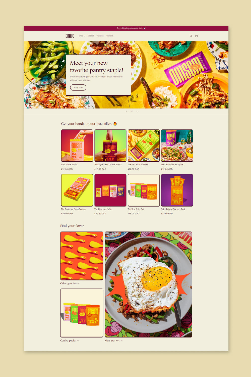 Screenshot of a website with photos of food and packaging for it.