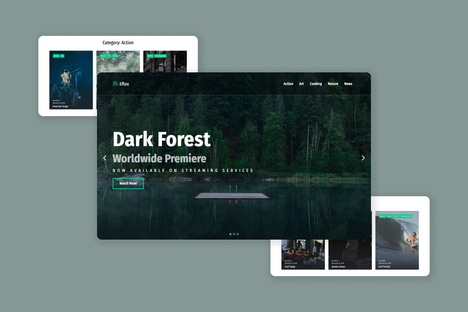 Collage of screenshots of the site pages with a slider with a photo of a lake in the forest.