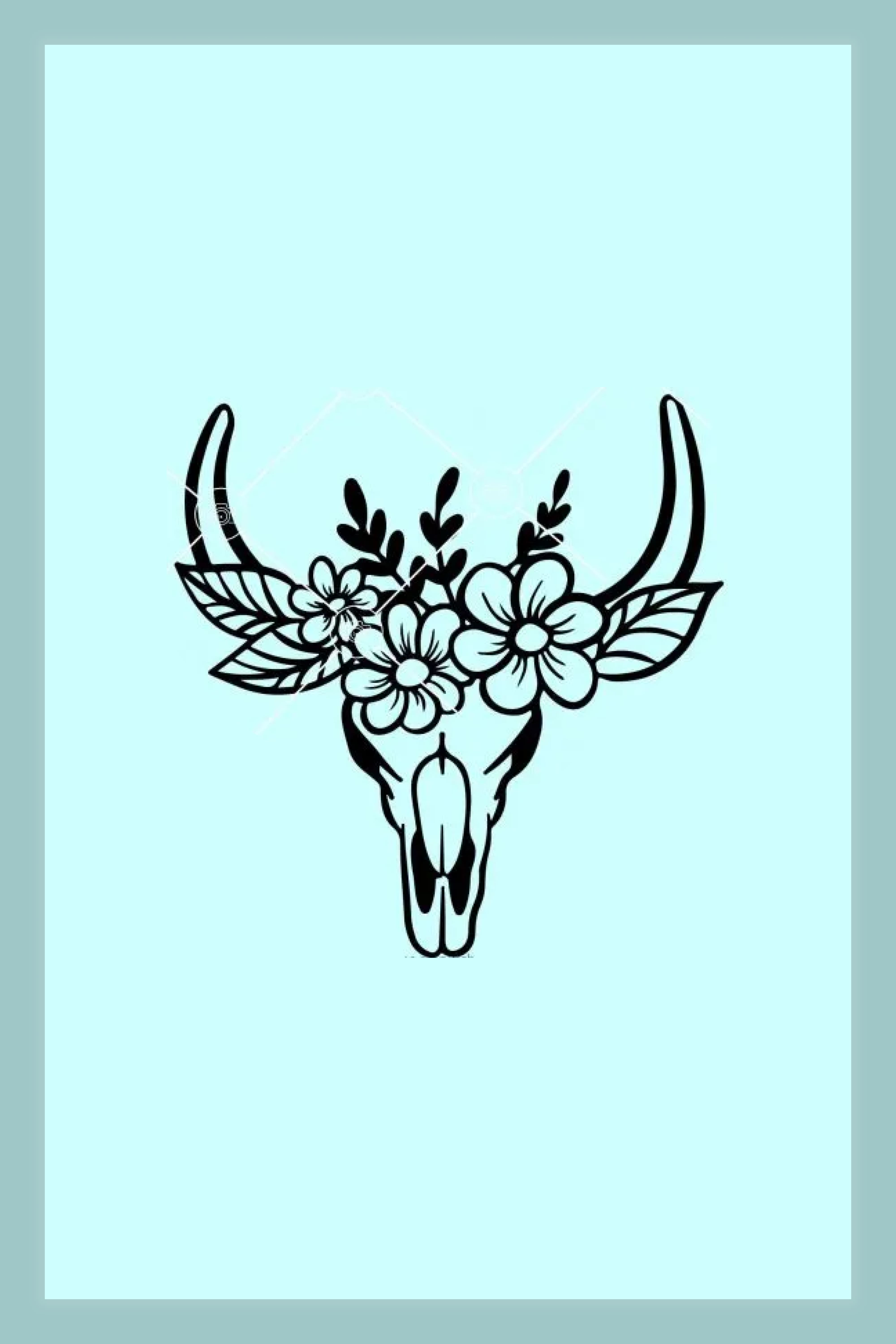 An image of a bull skull with flowers on its forehead.