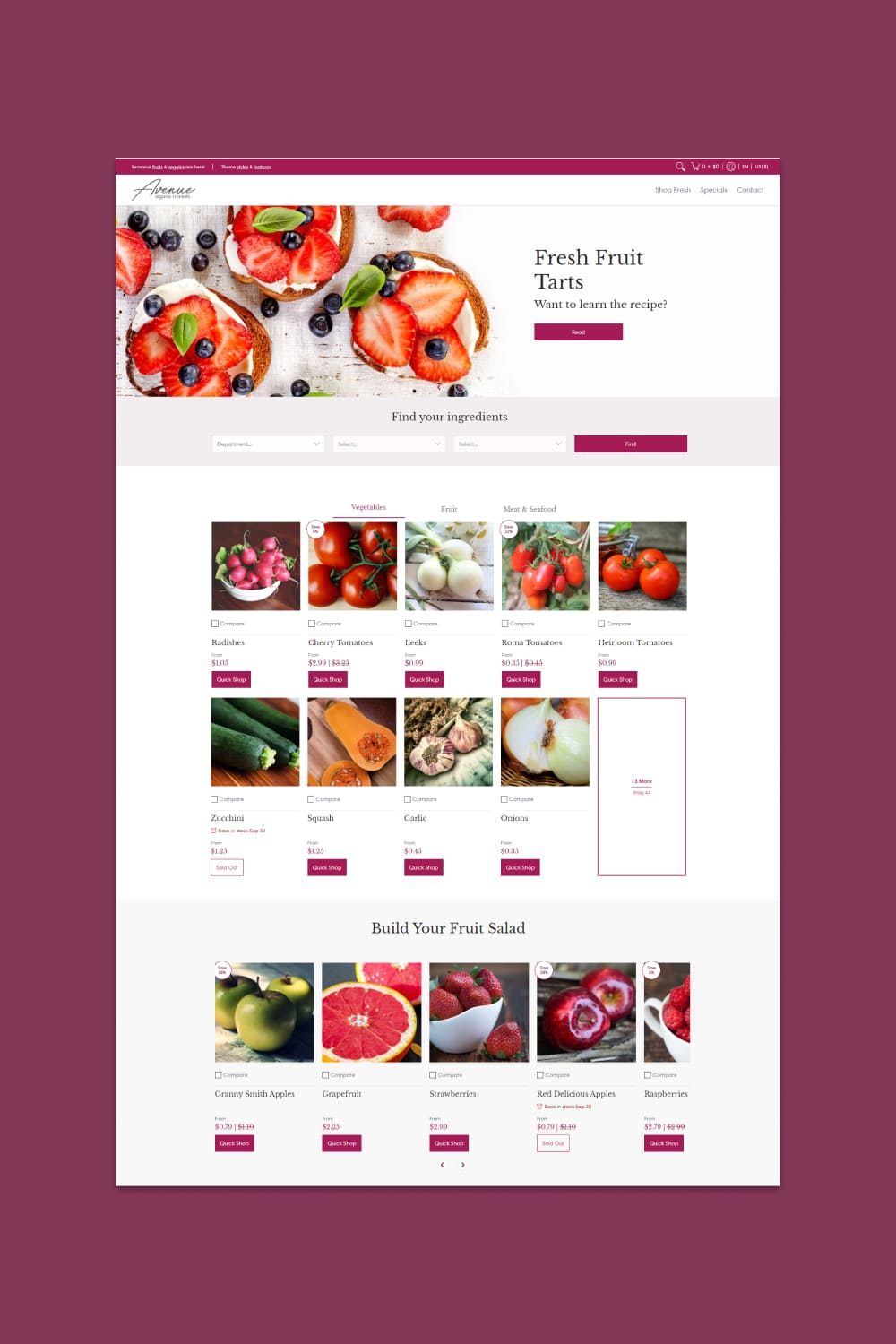 Screenshot of an online store with photos of fruits and vegetables.