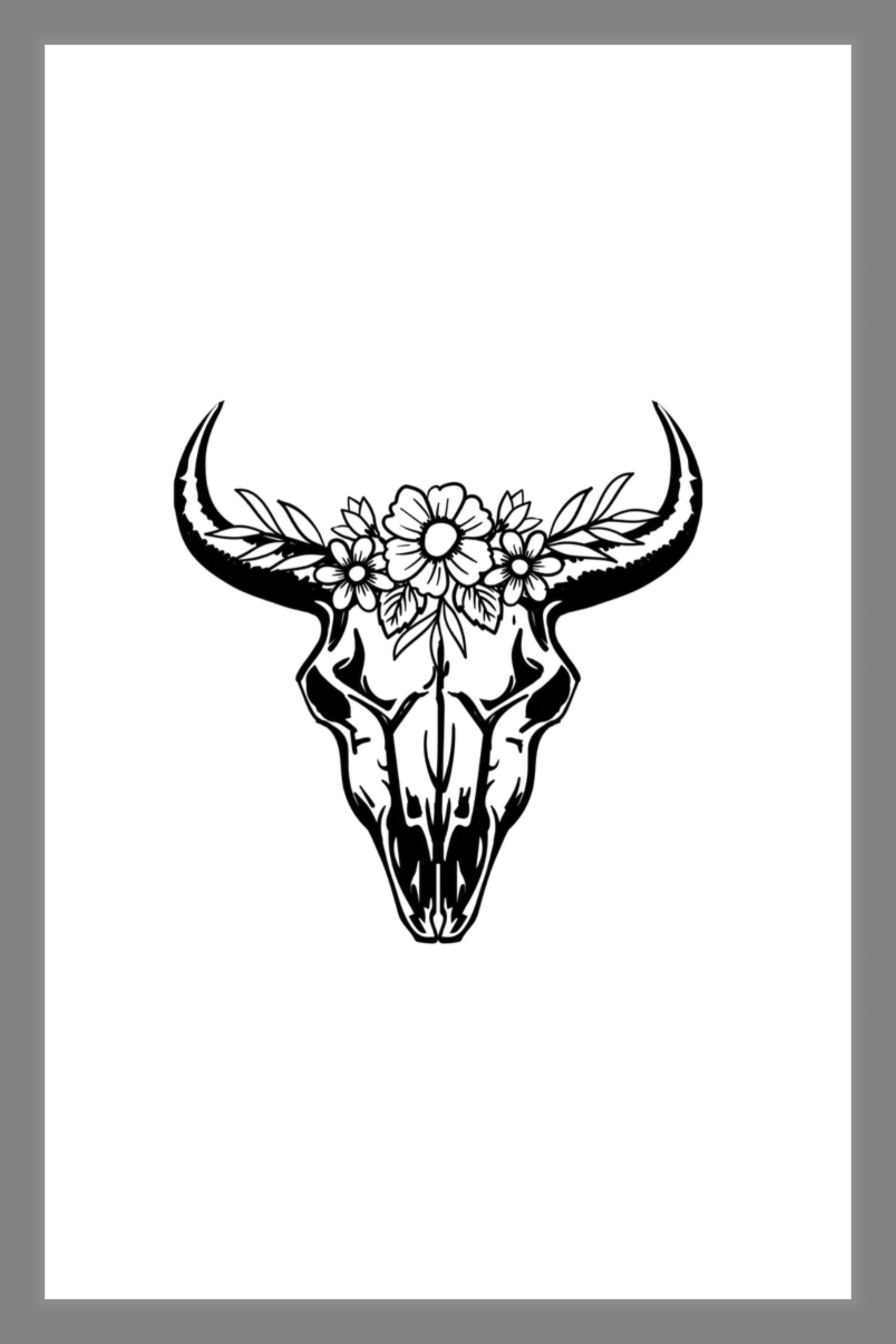 Image of a bull skull with flowers and branches on the forehead.