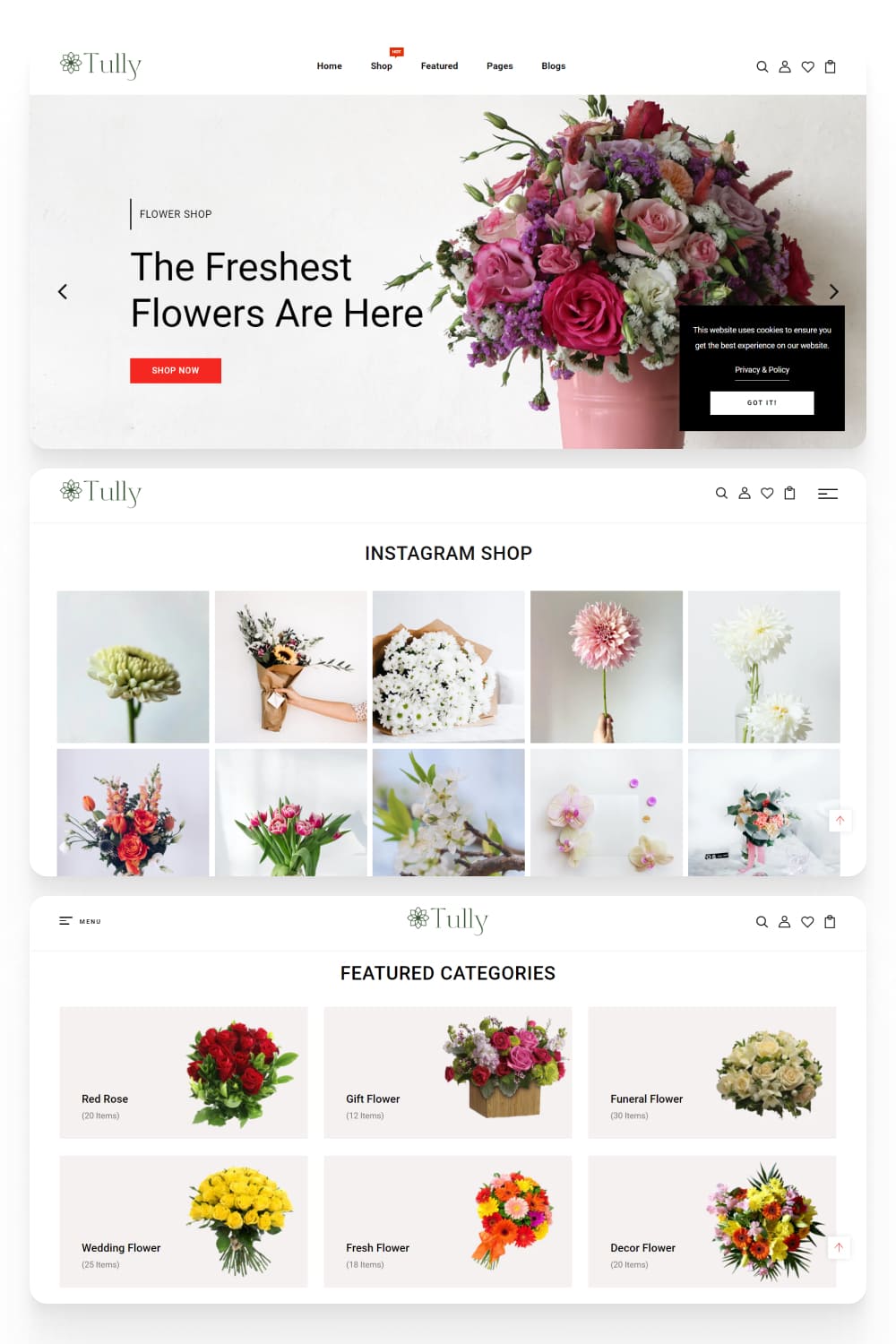 Screenshot of an online store with a lot of photos of bouquets and an Instagram feed.