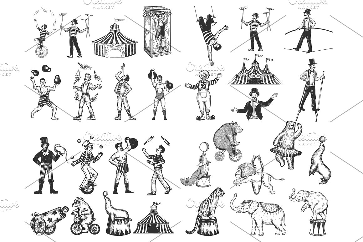 A set of different black illustrations of retro circus performance on a white background.