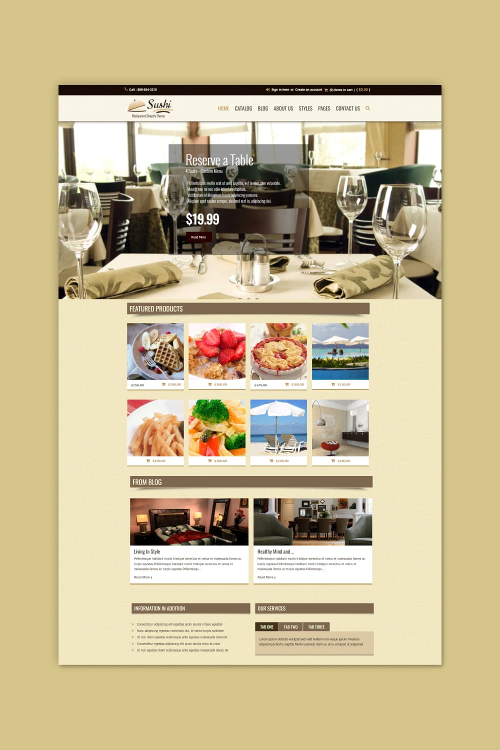 Screenshot of a cafe website with photos of desserts and a served table.