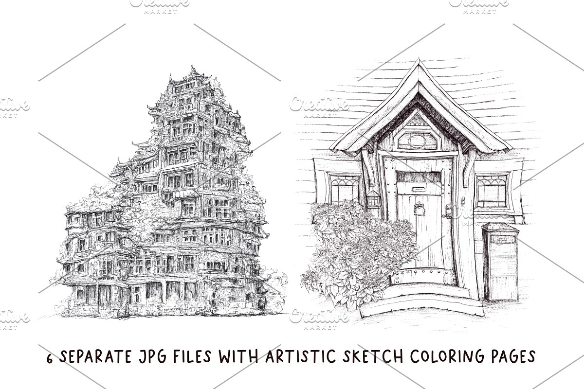 There are 6 separate JPG files with Artistic Sketch Coloring Pages.