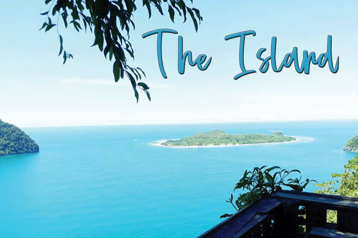 Blue lettering "The Island" with black stroke.