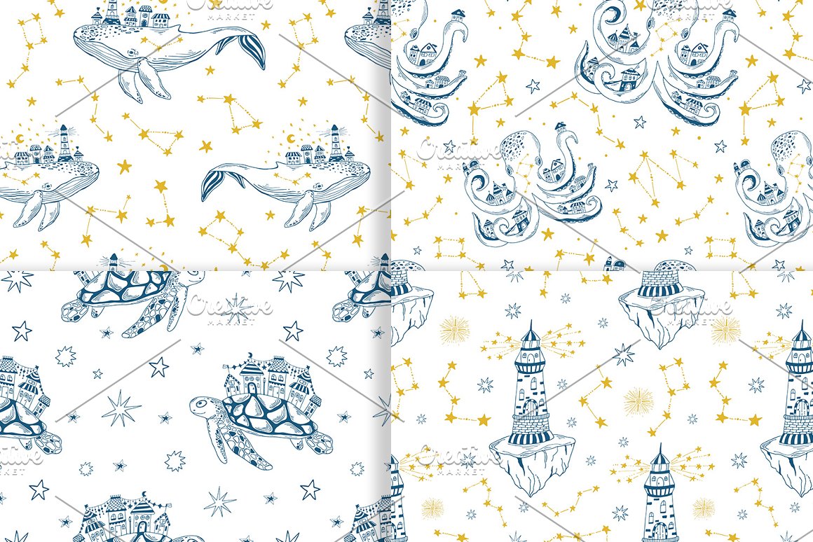 4 different blue and golden sea patterns on a white background.