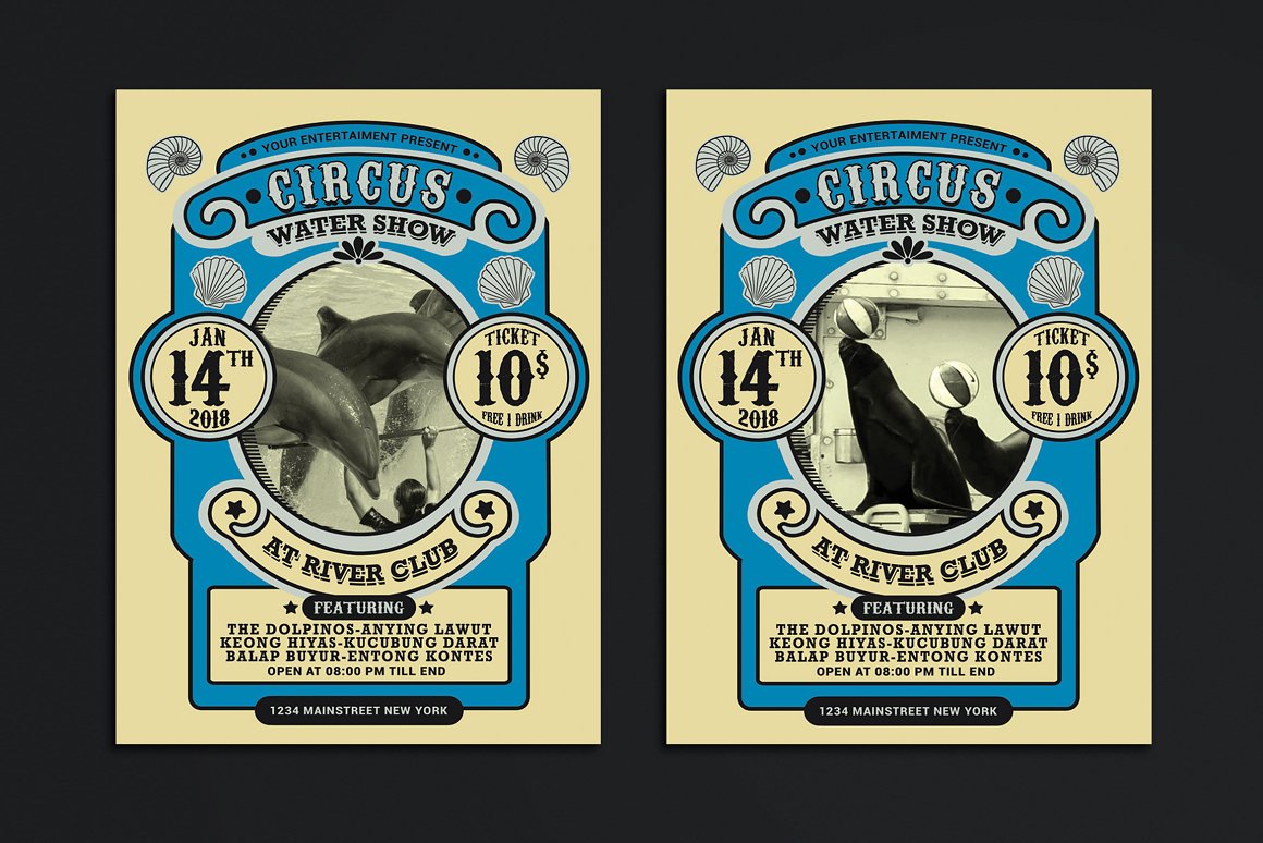 2 beige and blue flyers to Circus with photos of dolphins and seals.