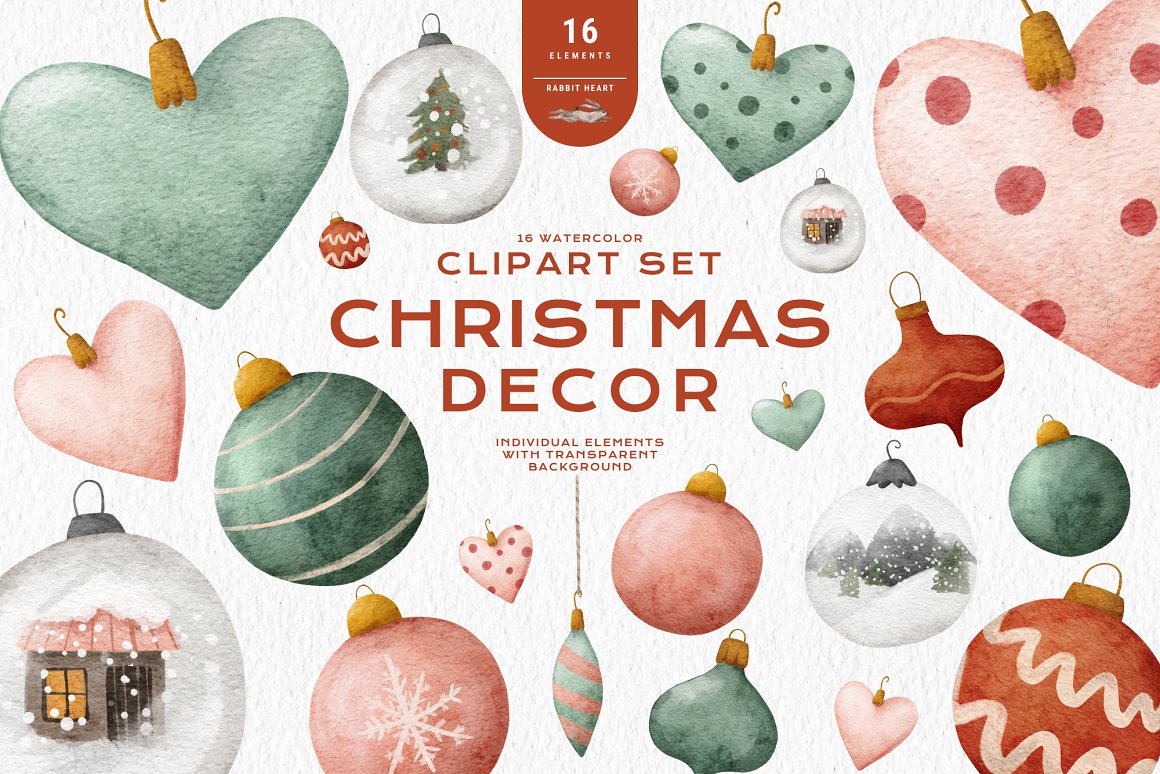 Cover with red lettering "Christmas Decor" and different watercolor christmas illustrations.