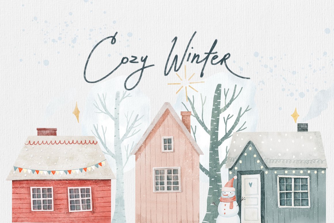 Cover with dirty blue lettering "Cozy Winter" and 3 illustrations of houses on a gray background.
