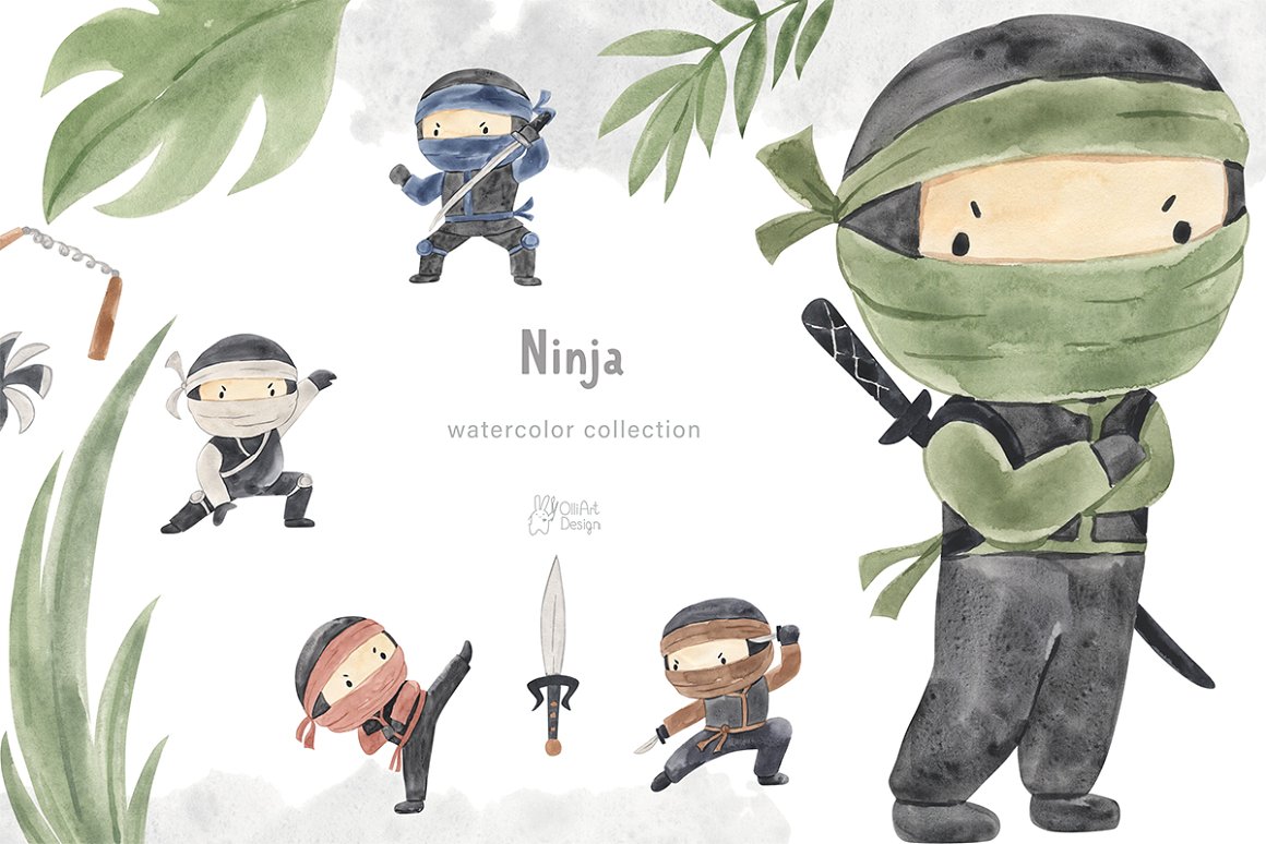 Cover with gray lettering "Ninja" and different illustrations of ninja.
