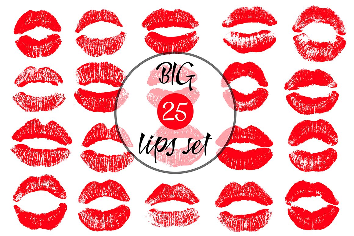 Cover with black lettering "Big 25 lips set" and different red lips on a white background.