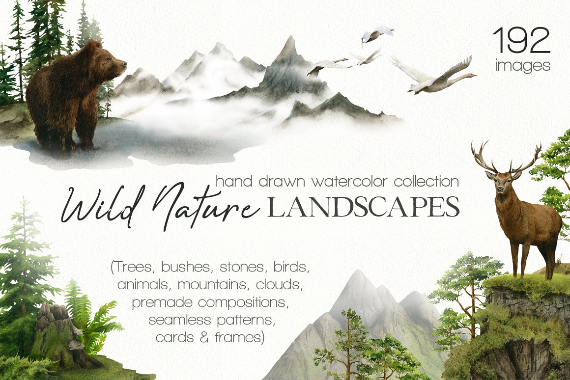 Cover with lettering "Wild Nature Landscapes" and different illustrations.