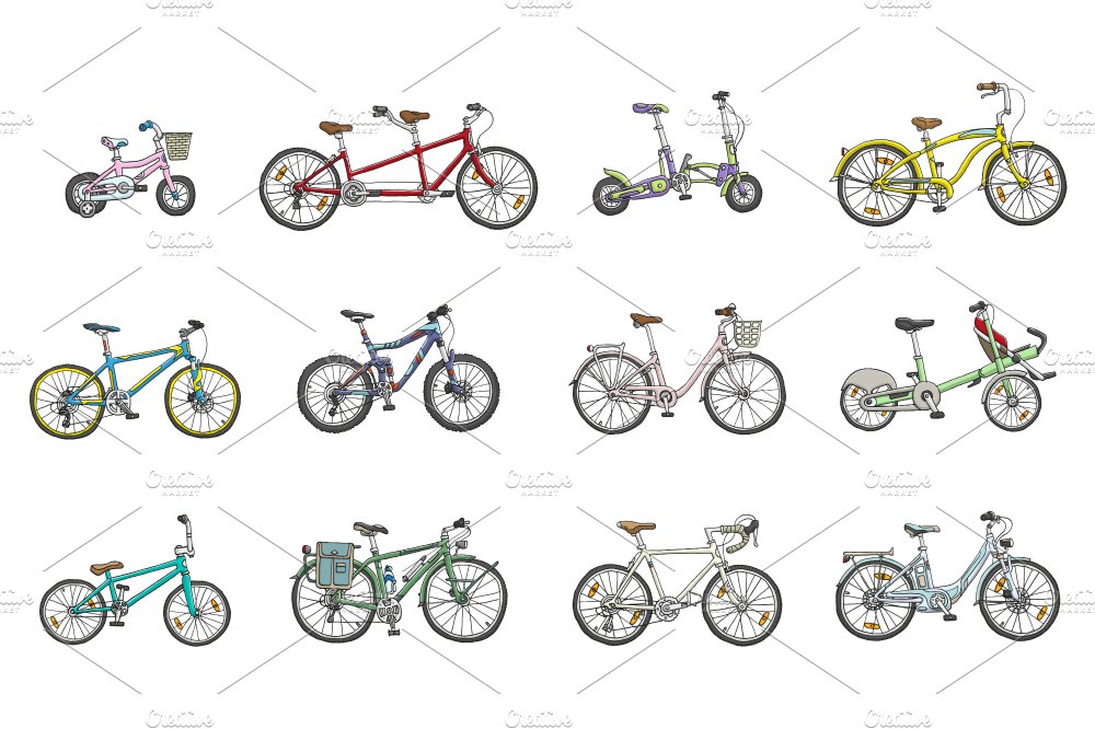 Colorful set of 12 different bicycle illustrations on a white background.