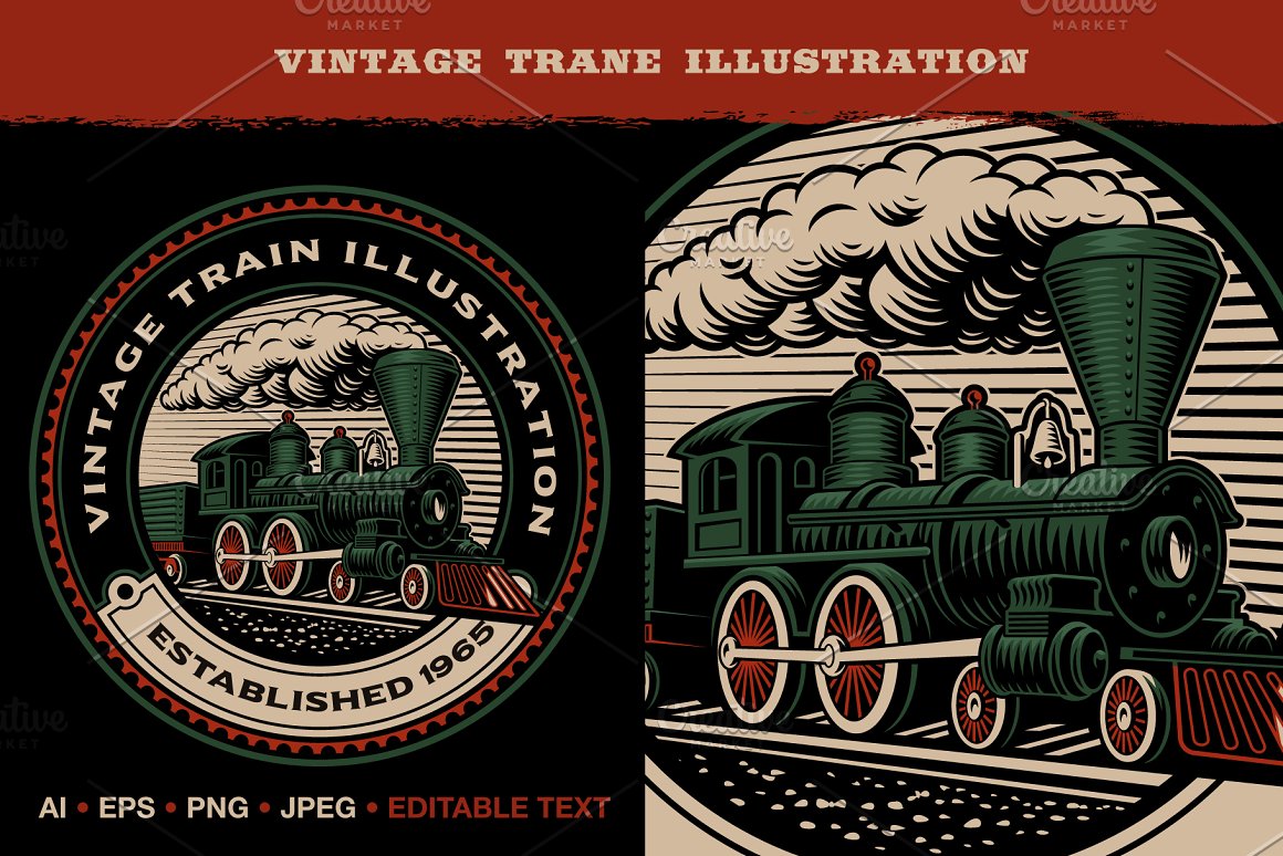 Cover with lettering "Vintage Train Illustration" and illustration and logo of vintage train.