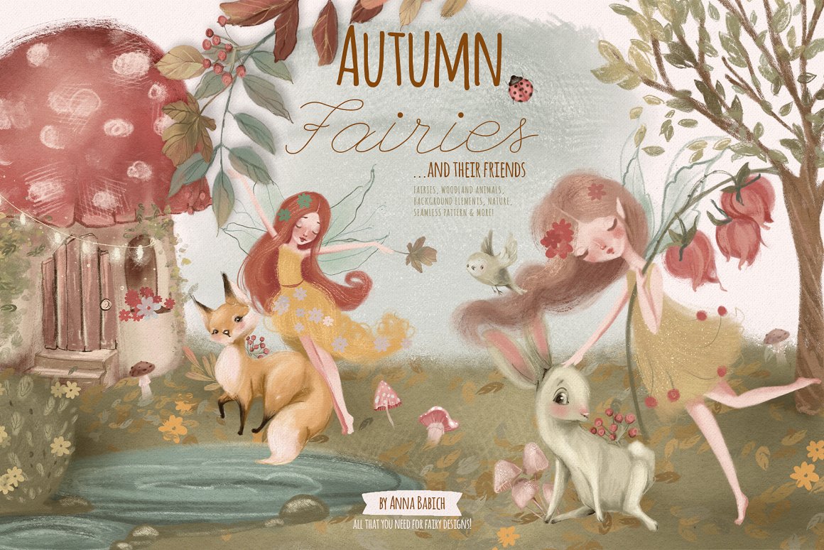 Cover with brown lettering "Autumn Fairies" and different illustrations of fairies.