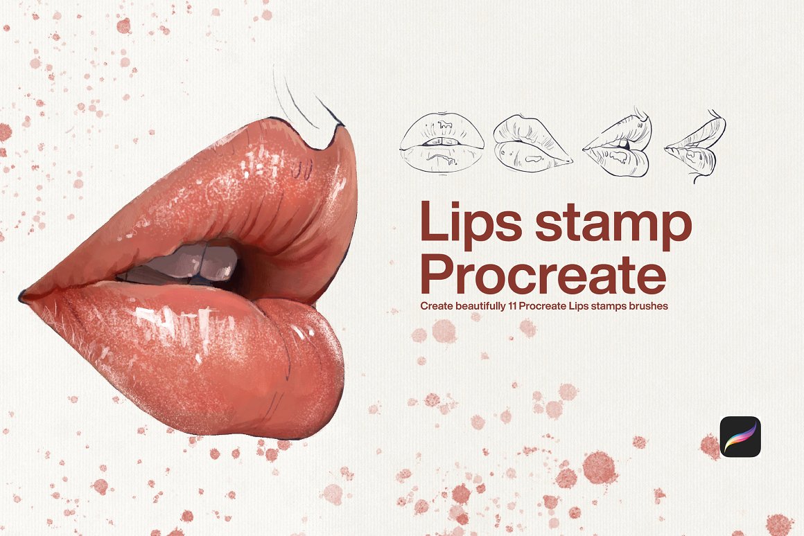 Cover with dirty pink lettering "Lips Stamp Procreate" and illustration of lips.