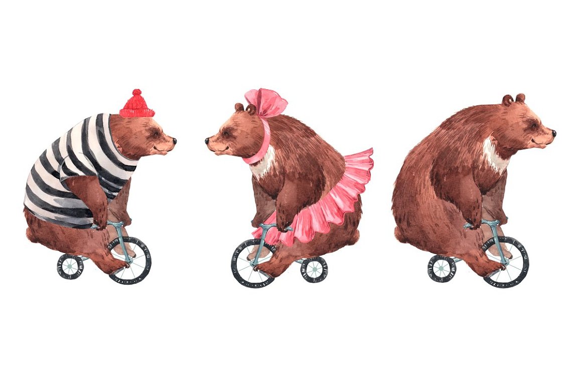 3 different funny illustrations of circus bear on a white background.