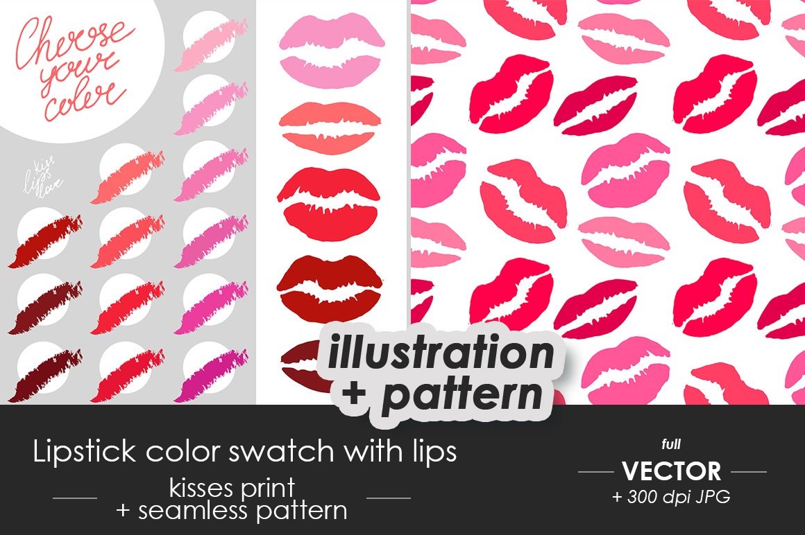Cover with white lettering "Lips Color Swatch with lips" and different red and pink lips on a white background.