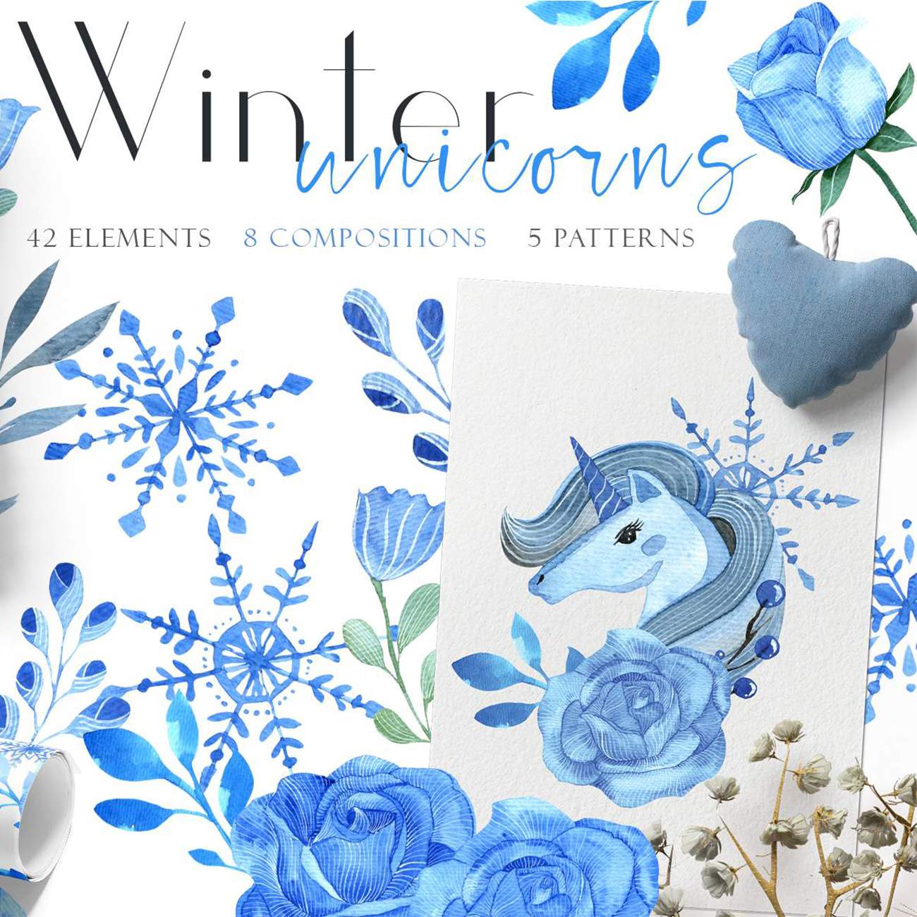 60+ Winter Unicorn Clipart and Pattern Pack main cover.